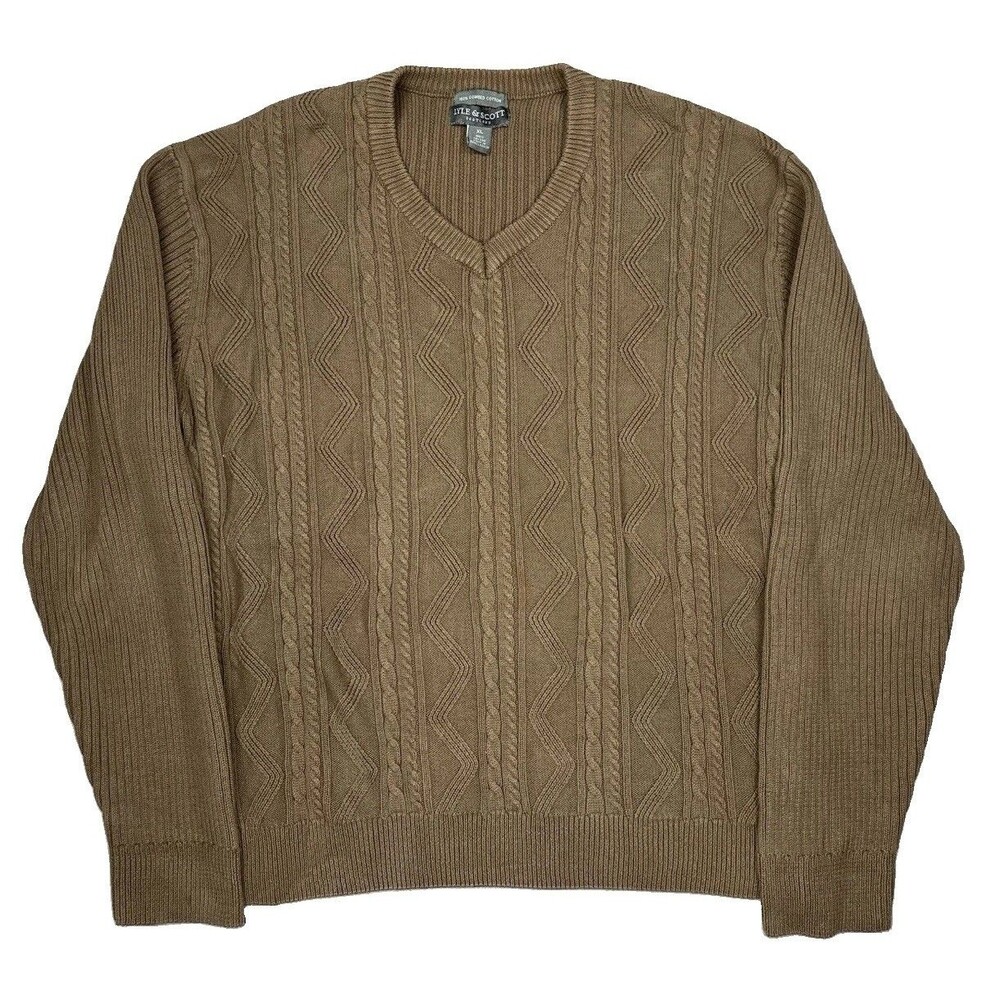 Lyle & Scott Mens XL Brown Cable Knit V-Neck Combed Cotton Pullover Sweater Warm